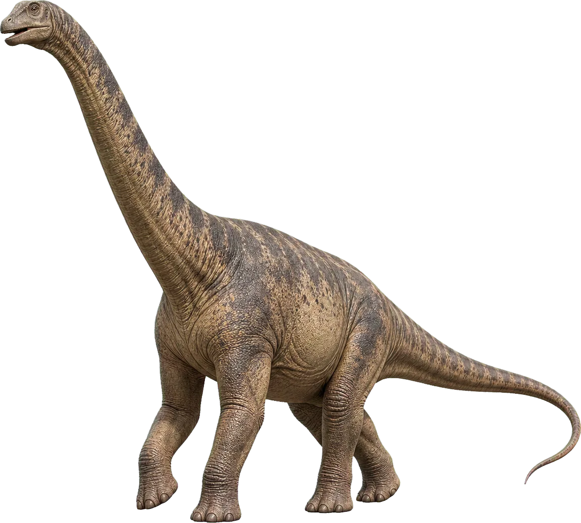 Massiger Apatosaurus steht neben einem kleinen Kind, mit sehr langem Hals und Schwanz.