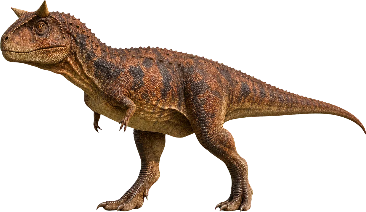 Carnotaurus stands on two legs beside a child, with a horned head and long tail.