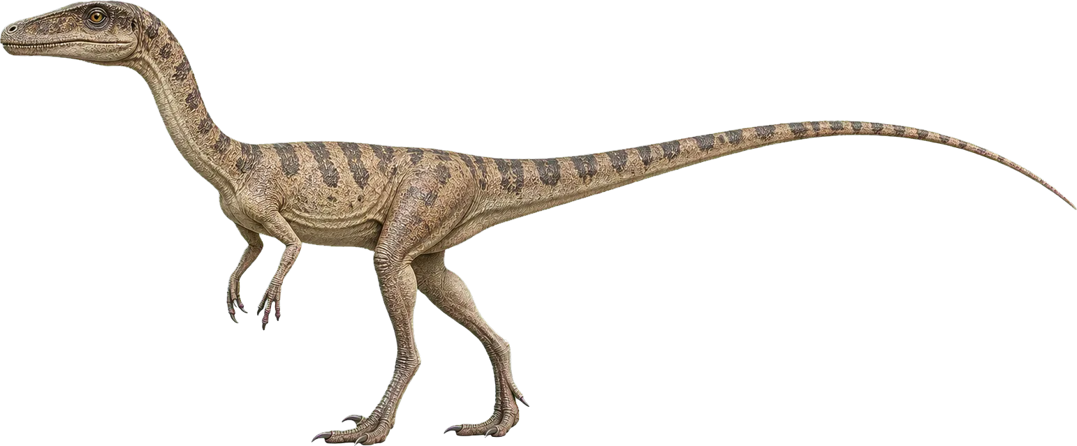 Coelophysis steht neben einem Kind und wirkt niedrig, aber durch den Schwanz lang.