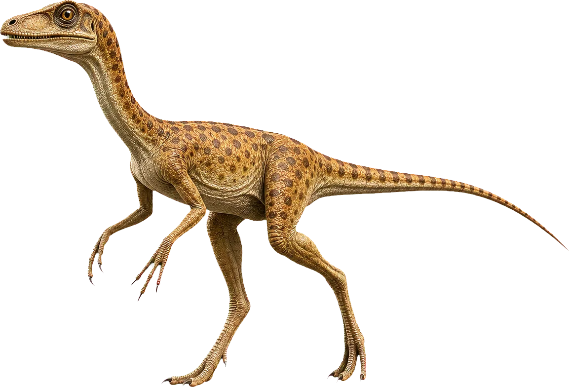 Winziger Compsognathus steht neben einem Kind und bleibt deutlich unter Kniehöhe.