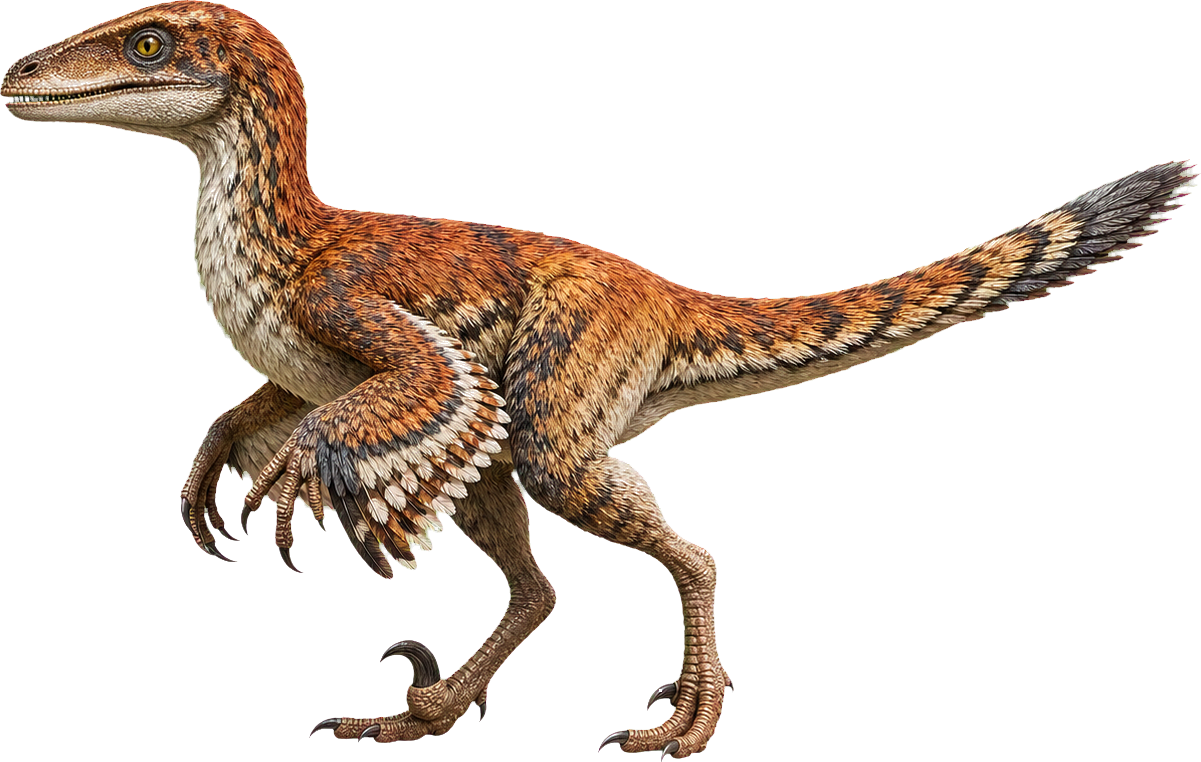 Deinonychus stands beside a child and shows the raised sickle claw on its foot.