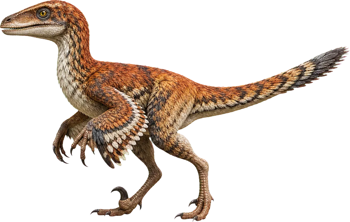 Deinonychus steht neben einem Kind und zeigt die angehobene Sichelkralle am Fuß.