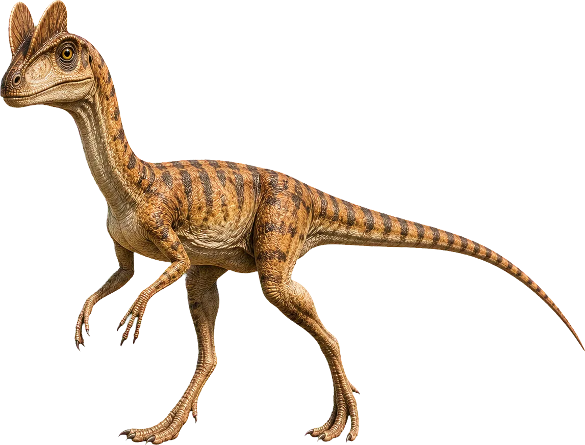 Dilophosaurus stands beside a child and rises well above the child with head and crests.