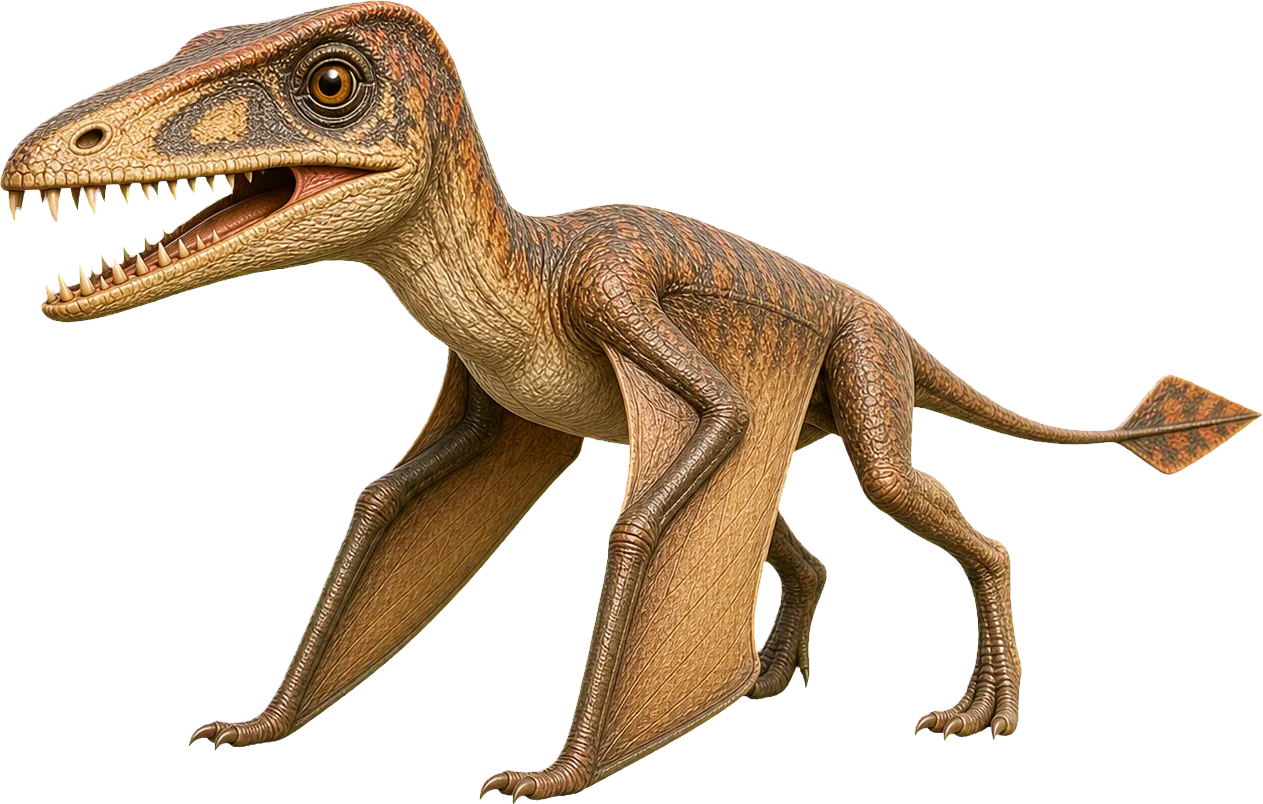 Dimorphodon stands with folded wings beside a child and remains very low.