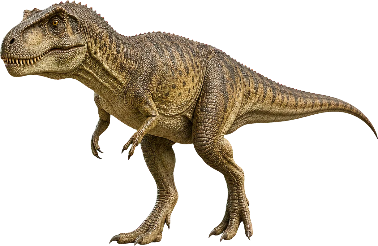 Riesiger Giganotosaurus steht neben einem Kind und überragt es mit langem Kopf deutlich.