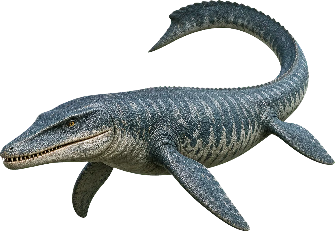 Long Mosasaurus swims beside a child and stretches much farther than the figure.