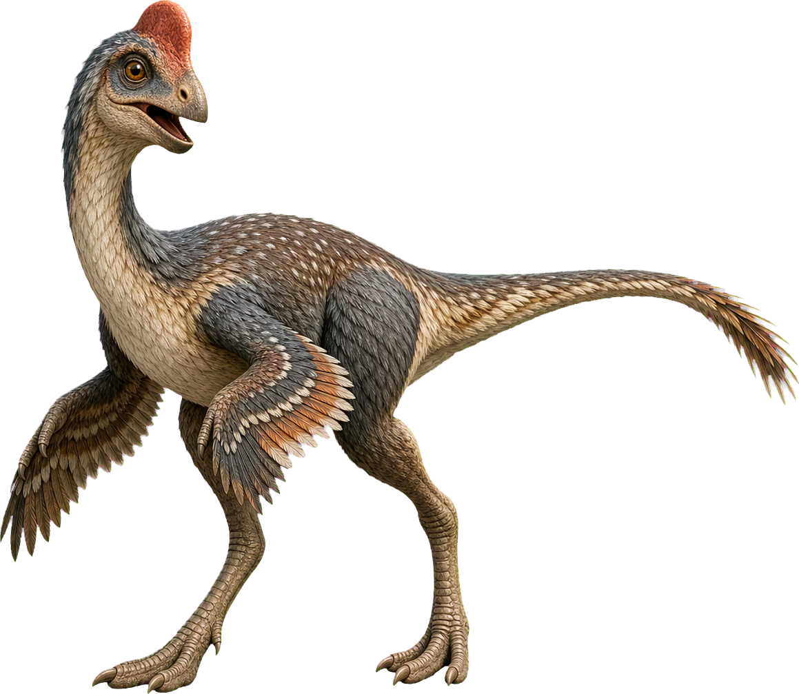 Oviraptor stands beside a child and reaches roughly to the upper body.