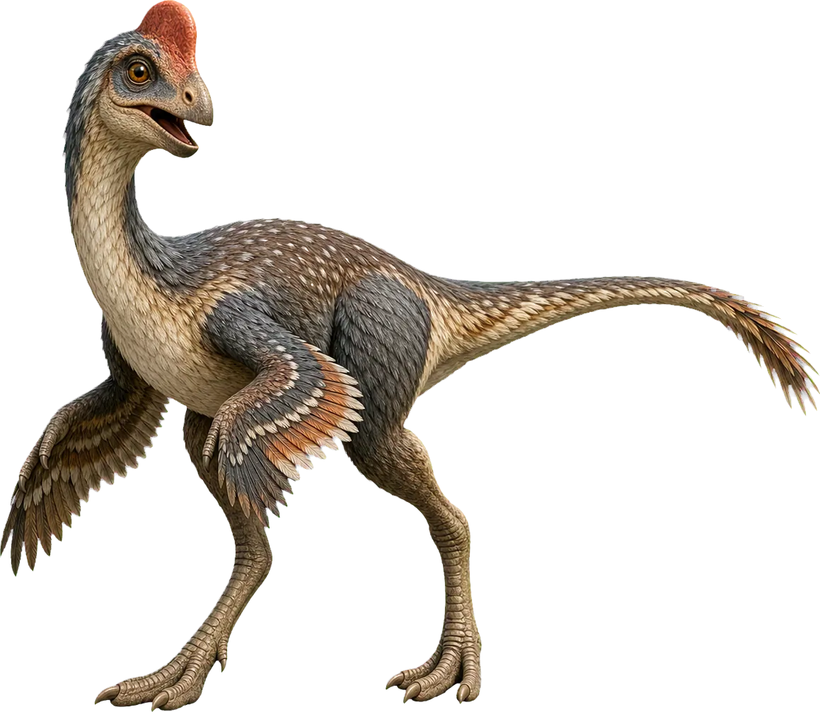 Oviraptor stands beside a child and reaches roughly to the upper body.