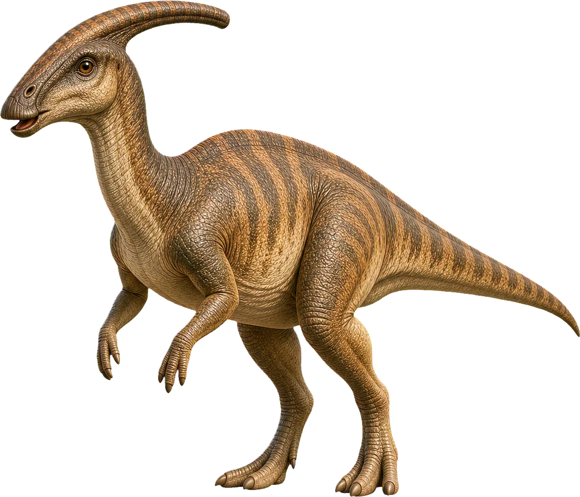 Parasaurolophus steht neben einem Kind, der lange Kopfkamm ragt nach hinten.