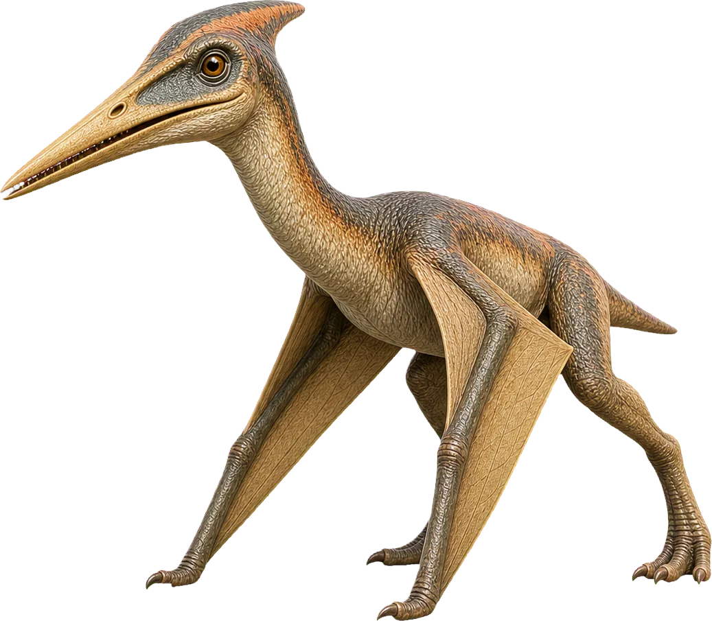 Kleiner Pterodactylus steht mit gefalteten Flügeln neben einem Kind.