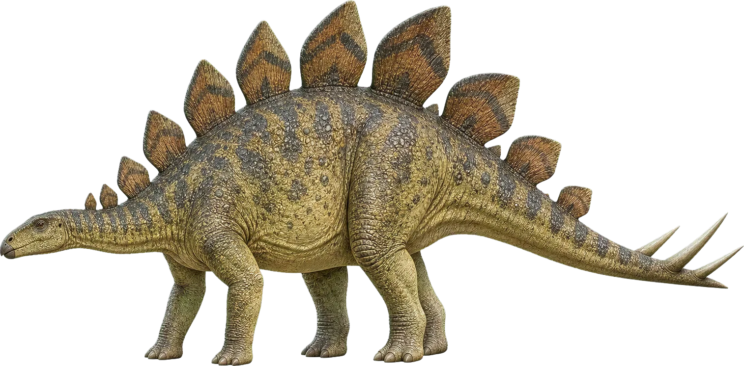 Stegosaurus steht neben einem Kind, die Rückenplatten und Schwanzstacheln sind deutlich sichtbar.