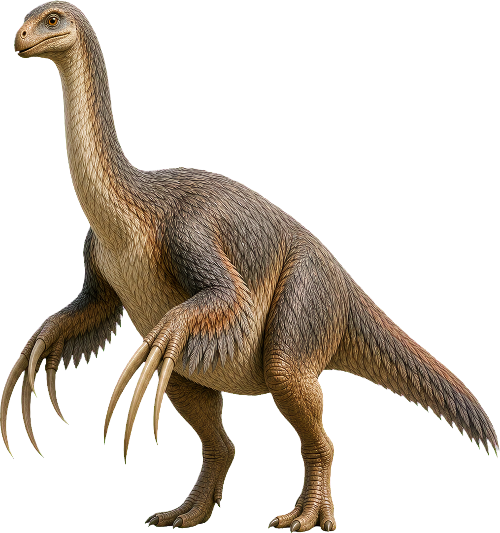 Very tall Therizinosaurus stands beside a child and shows enormous hand claws.