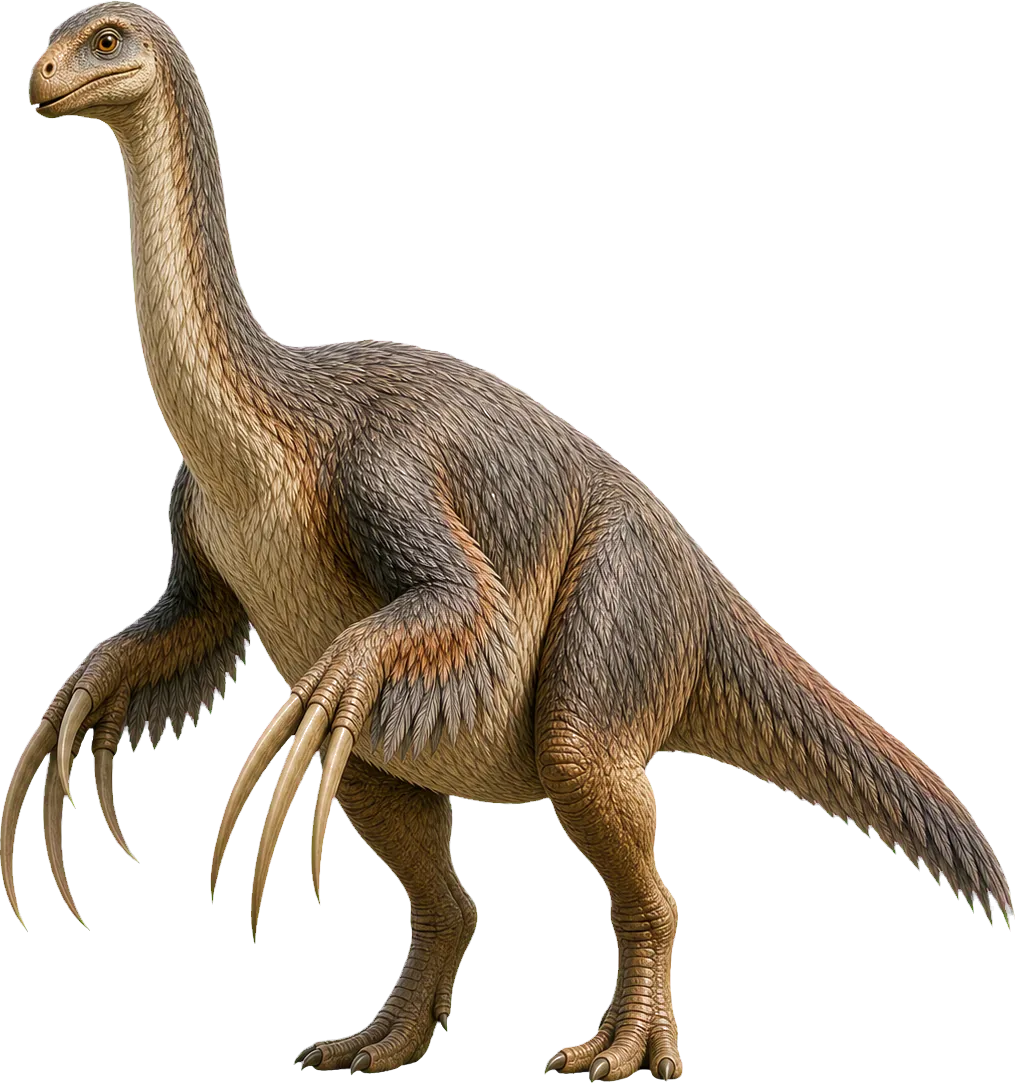 Very tall Therizinosaurus stands beside a child and shows enormous hand claws.