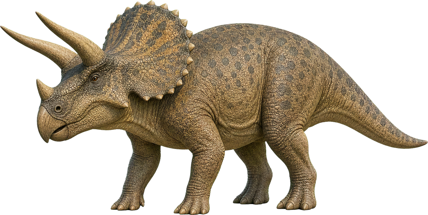 Large Triceratops stands beside a child, with horns and frill standing out.