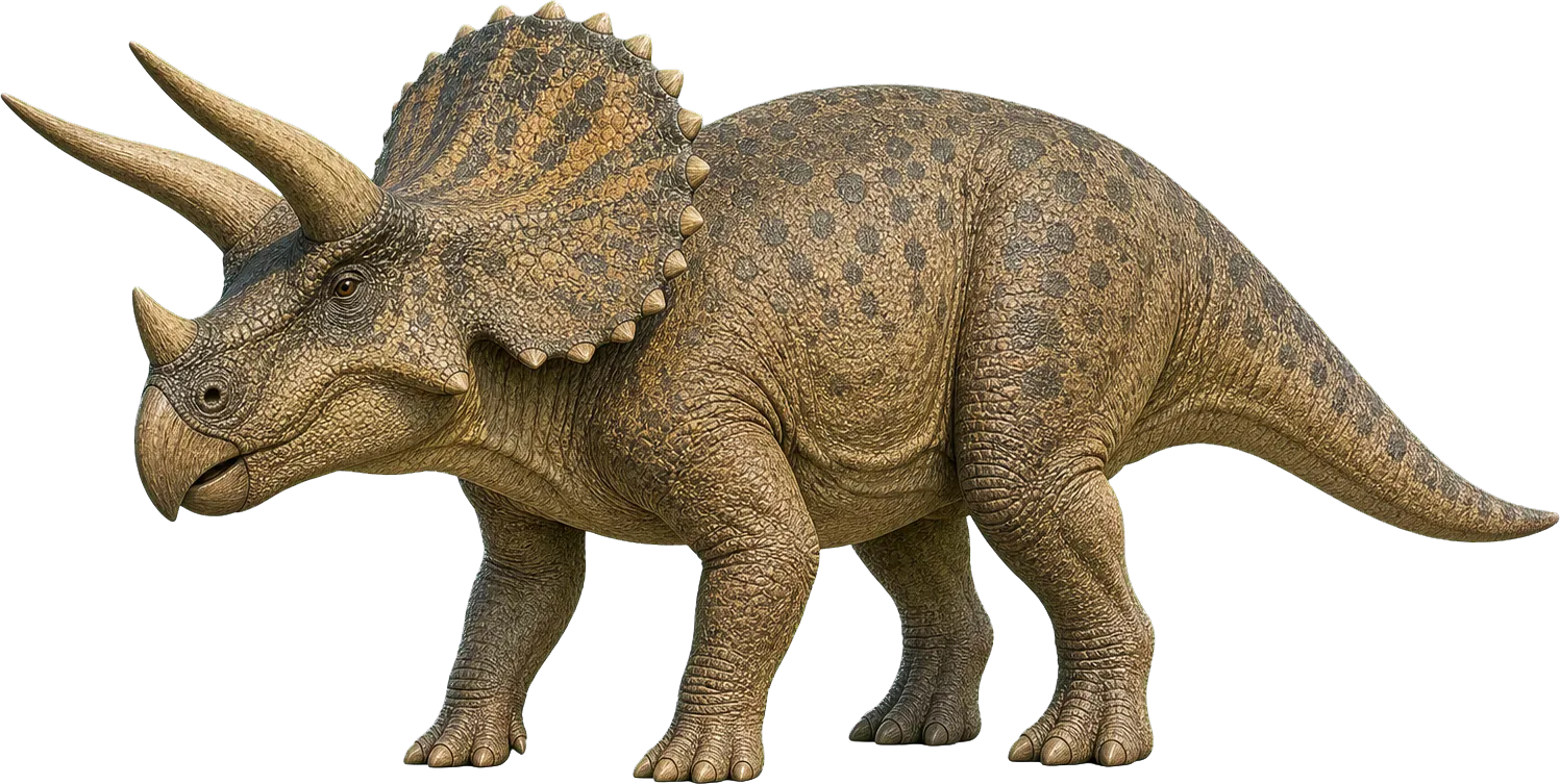 Großer Triceratops steht neben einem Kind, Hörner und Schild ragen deutlich hervor.