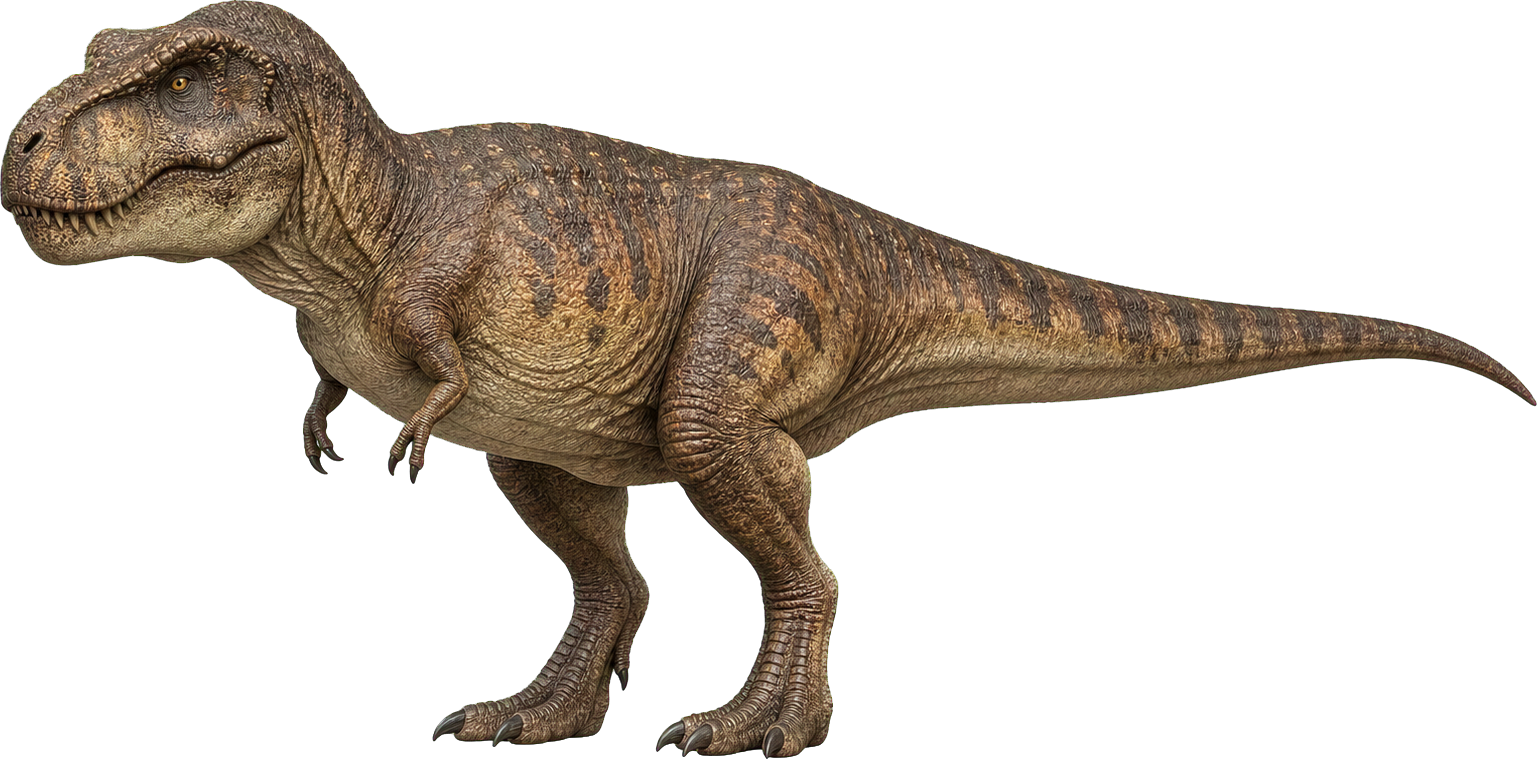 Tyrannosaurus rex towers above a child, with its large skull in front.