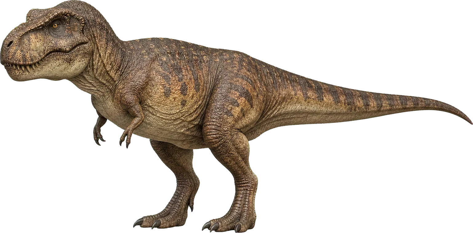 Tyrannosaurus rex steht hoch über einem Kind, mit großem Schädel im Vordergrund.