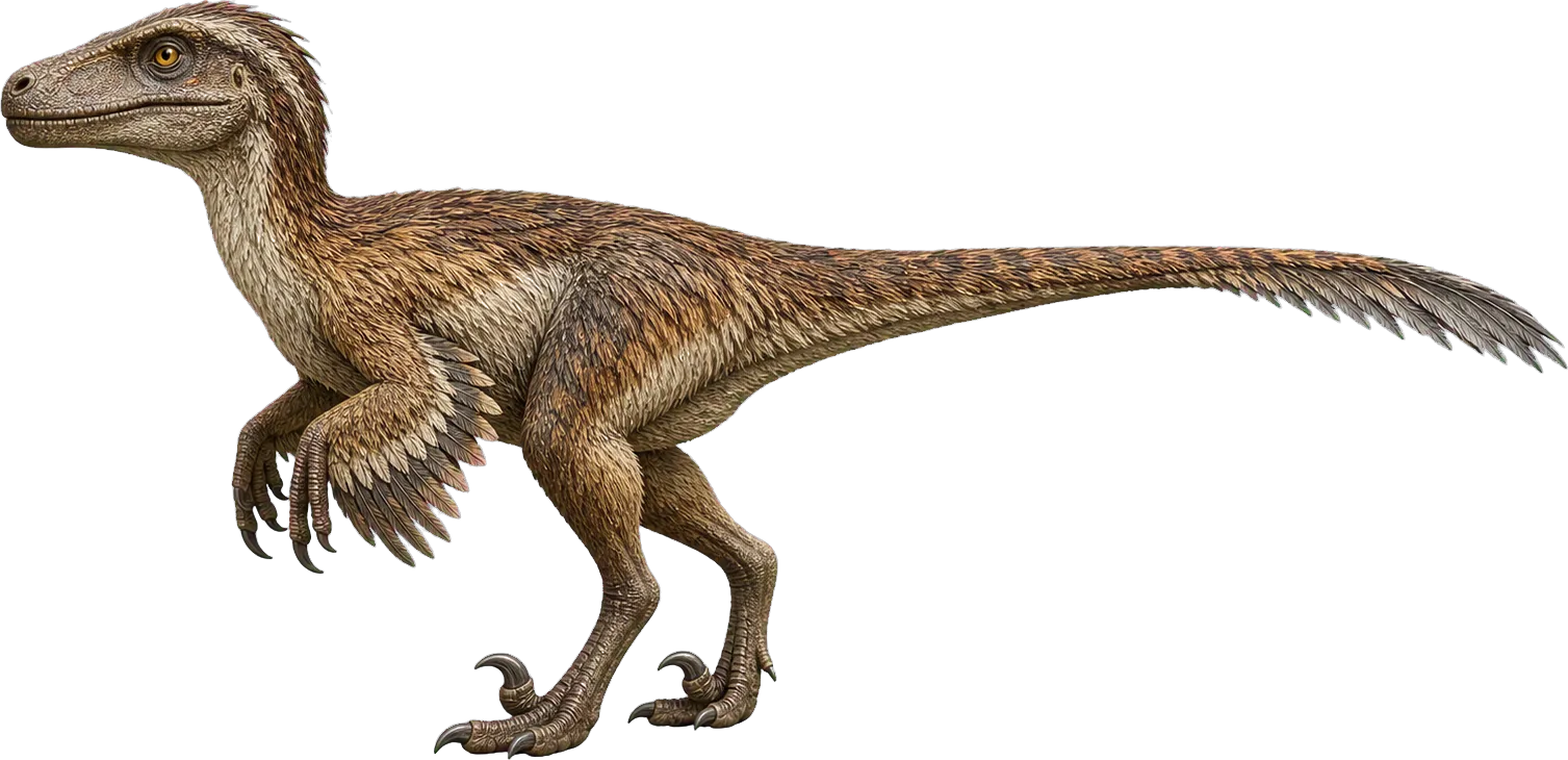 Kleiner Velociraptor steht neben einem Kind und reicht nur etwa bis zum Knie.