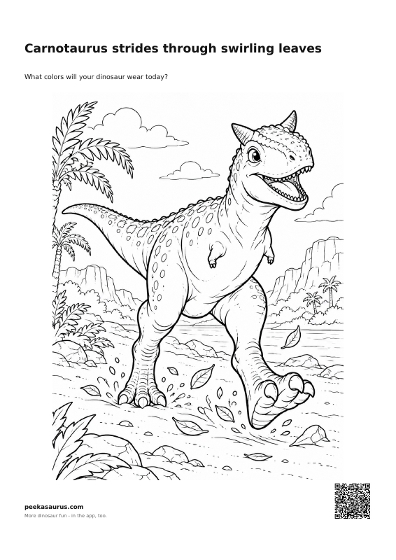 Carnotaurus strides through swirling leaves