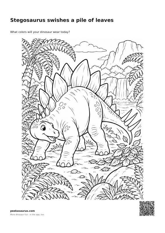 Stegosaurus swishes a pile of leaves