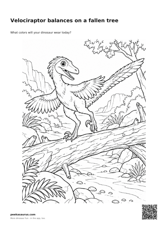 Velociraptor balances on a fallen tree